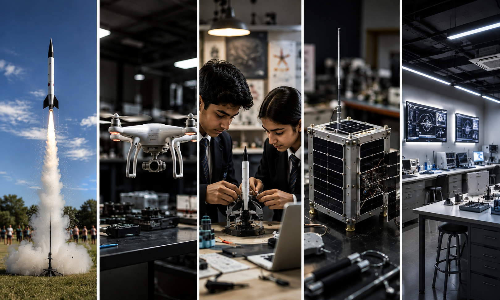 Aerospace learning system featuring rockets, drones, students, satellites and laboratories